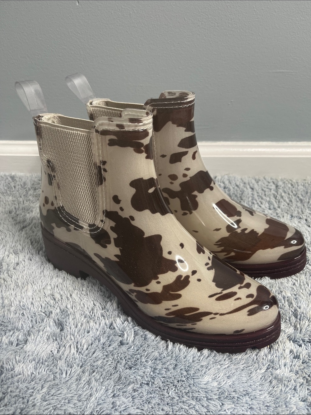 Cow Print Chelsea Rain Boots London Fog Koa Cream Brown Size 8